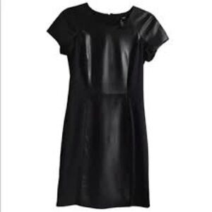 AQUA Black Leather Shift Dress Dinner Party Short Sleeve Mini Sexy L Classic